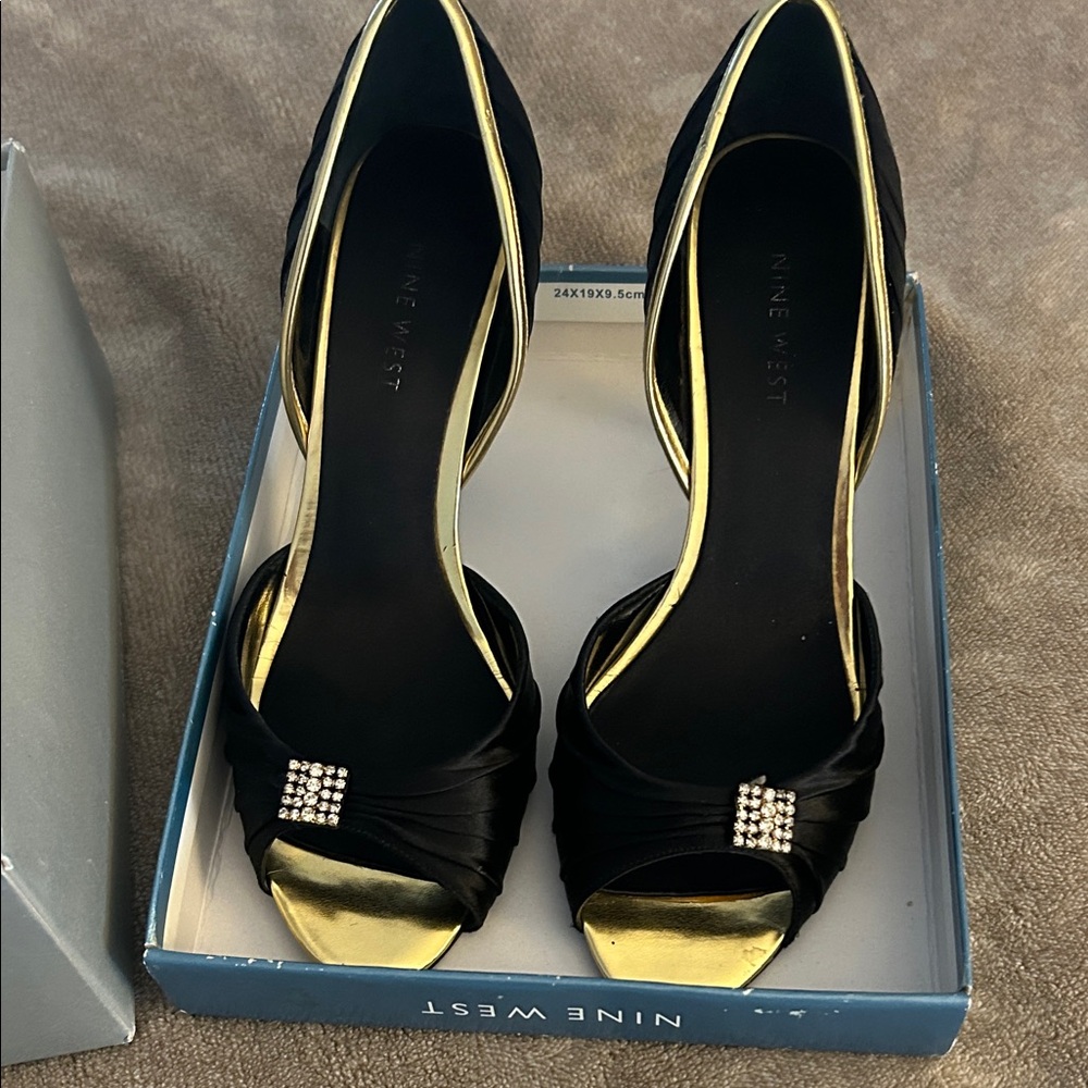 Nine West Black and Gold Heels with Rhinestone Detail